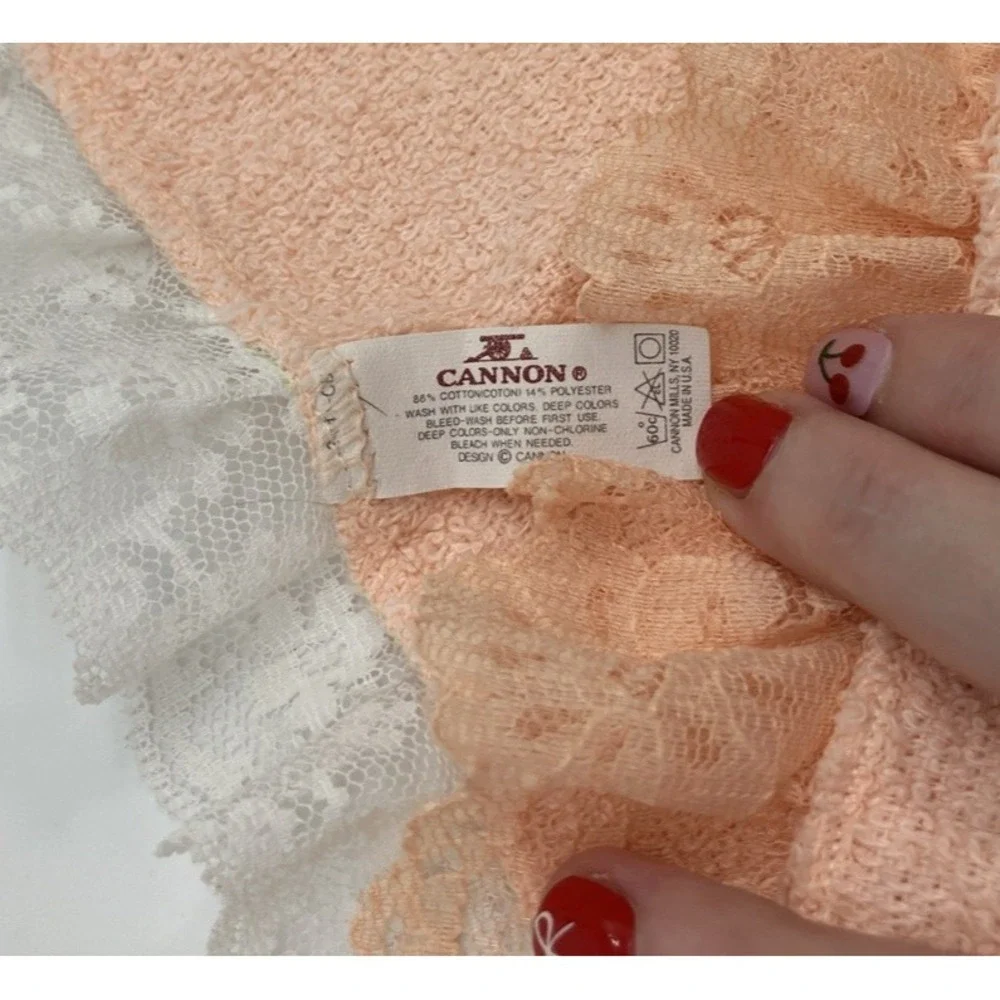2 Vtg Cannon All Cotton Orange Peach Lace Washcloths USA Granny Cottage Coquette